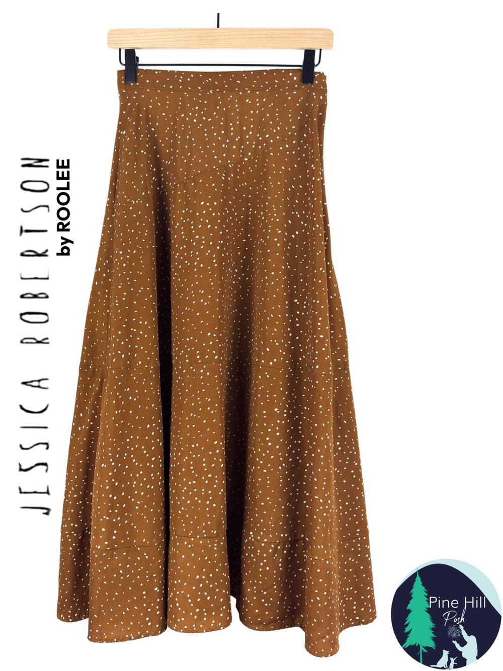 Jessica Robertson Roolee Women’s Tiered Maxi Skirt Brown White Dot Boho Small